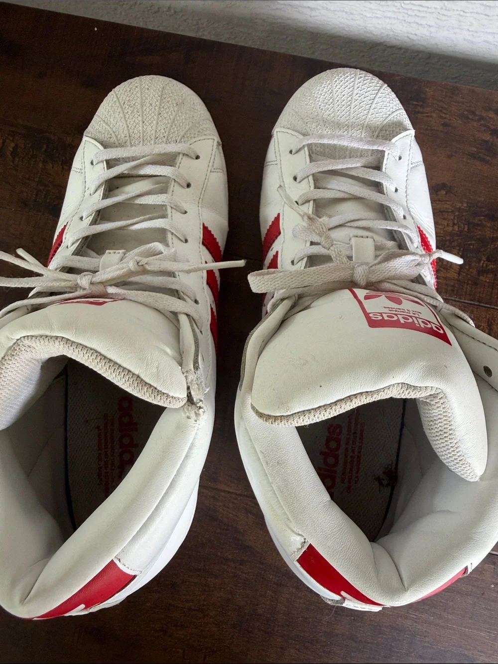 adidas White and Red Mid-Top Sneakers with Shell Toe